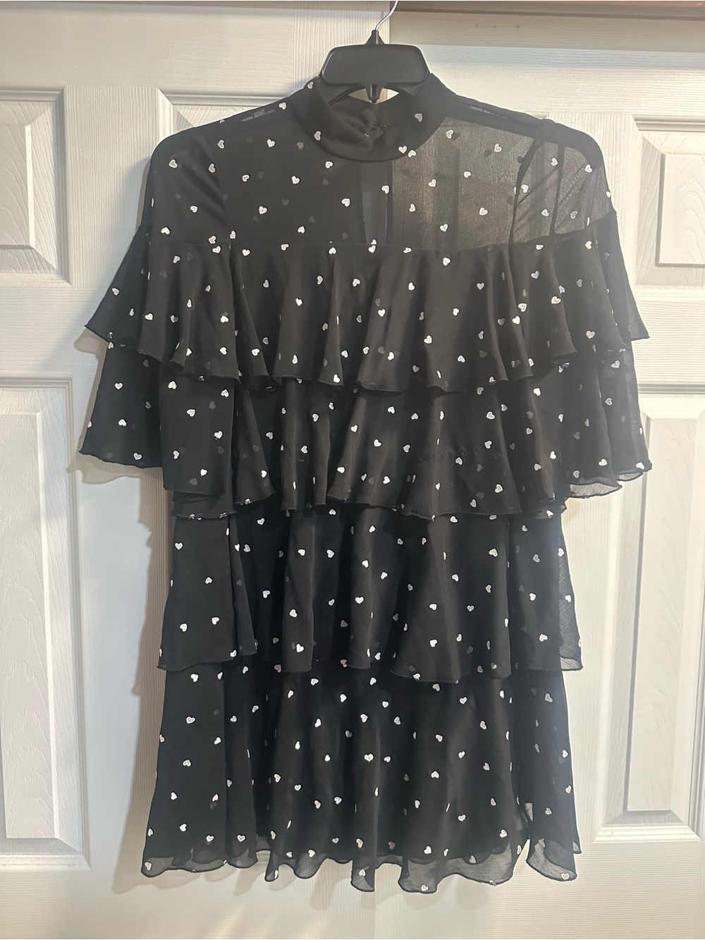 kate spade Black Mini Dress with White Heart Print and Ruffle Tiers